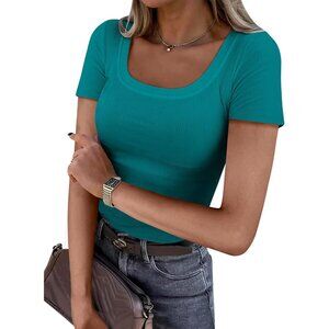 Women's T-Shirt Teal Short Sleeve Scoop Neck Casual Ribbed Knitted Slim Fit